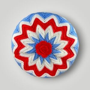 Crochet Flower Pillow Red White Blue Bicentennial Decor Handmade July 4 1970s